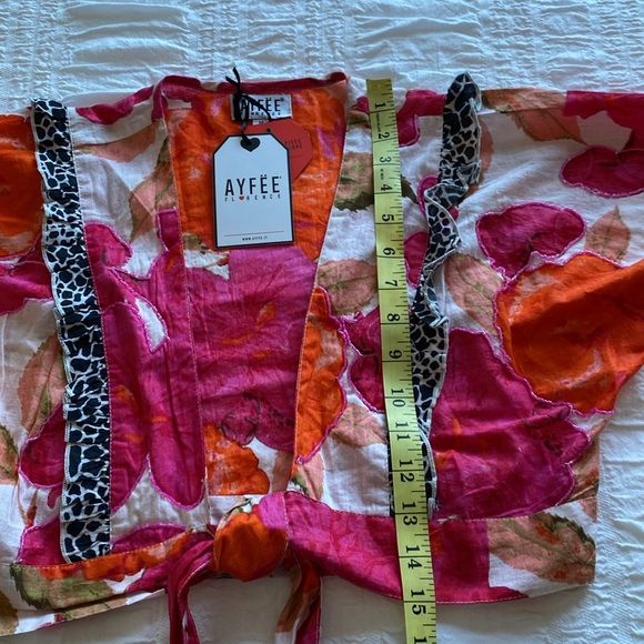 Ayfee Florence tie waist orange,pink and cream floral blouse. Leopard ruffle. M - Picture 13 of 17